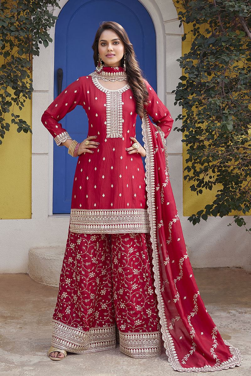 Bollywood Red Silk Designer Palazzo Suit for Wedding and Reception