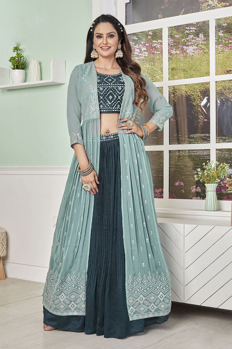 ExuberantTeal Designer Indo-Western Lehenga Choli for Festivals, Sangeet, and Party