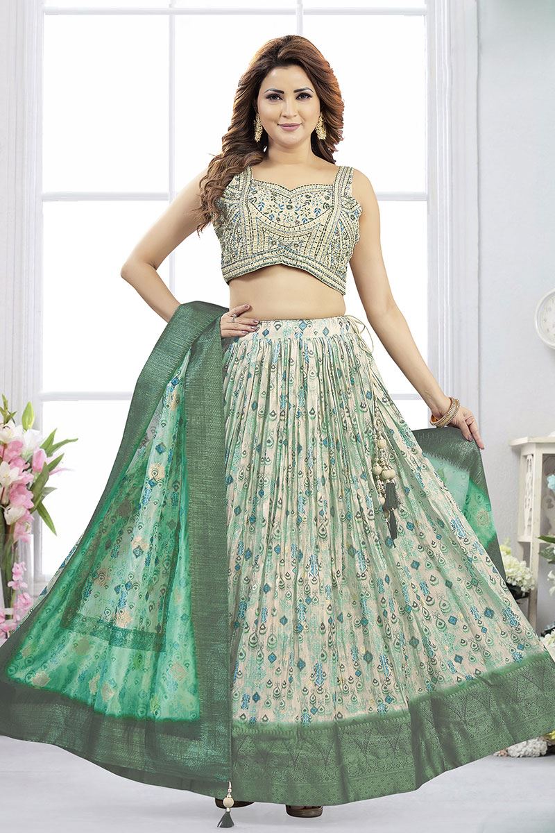 IrresistibleGreen Designer Indo-Western Lehenga Choli for Mehendi, Sangeet, and Party