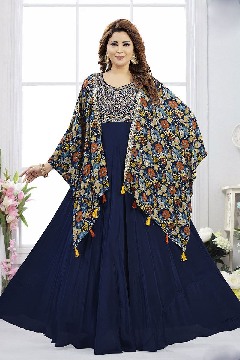 BeautifulNavy Blue Dola Silk Designer Anarkali Suit for Party, Festivals, and Reception
