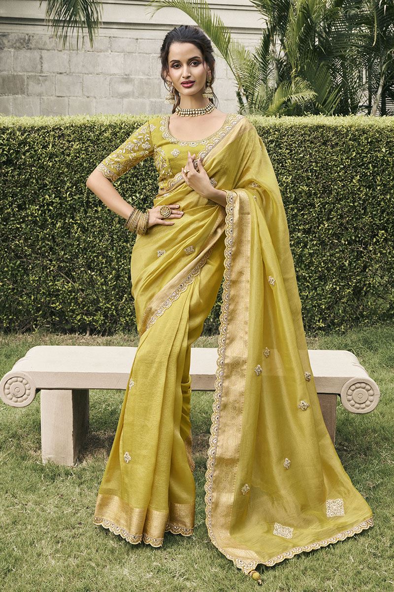 Impressive Pure Viscose Tissue Jacquard Designer Saree for Haldi, Engagement, Party, and Reception