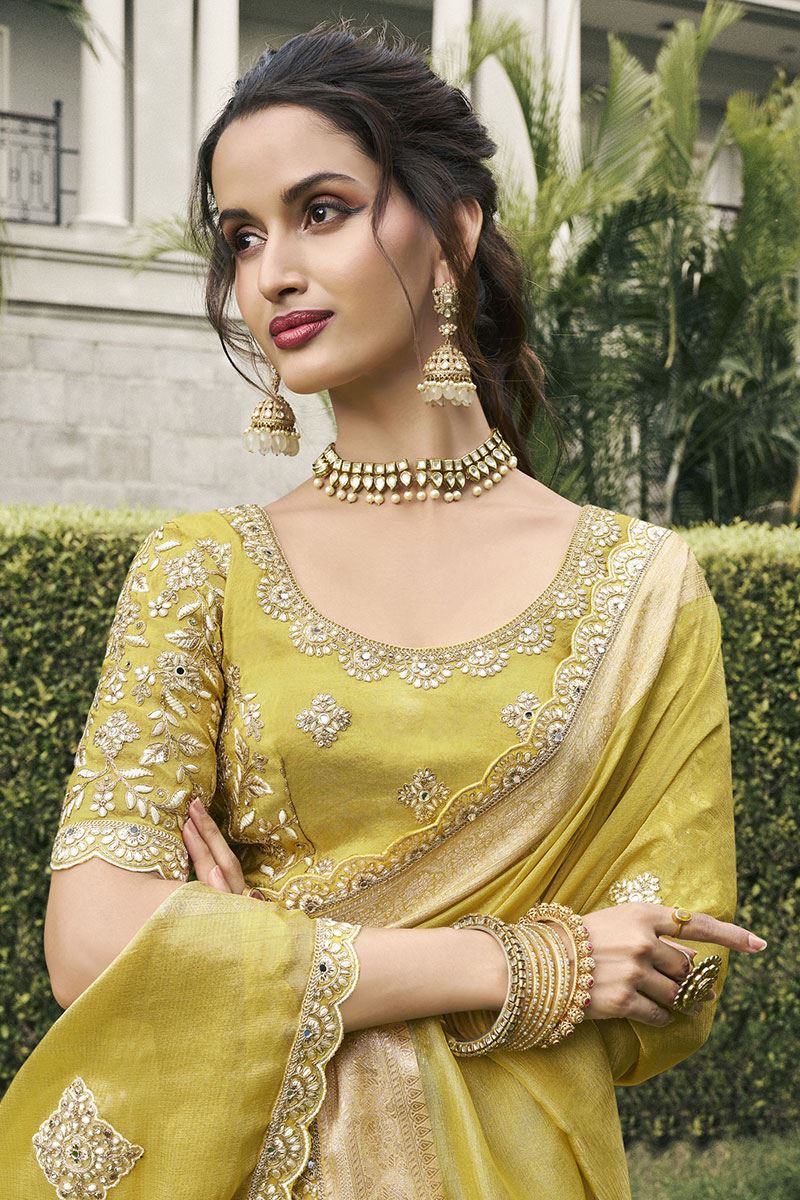 Impressive Pure Viscose Tissue Jacquard Designer Saree for Haldi, Engagement, Party, and Reception