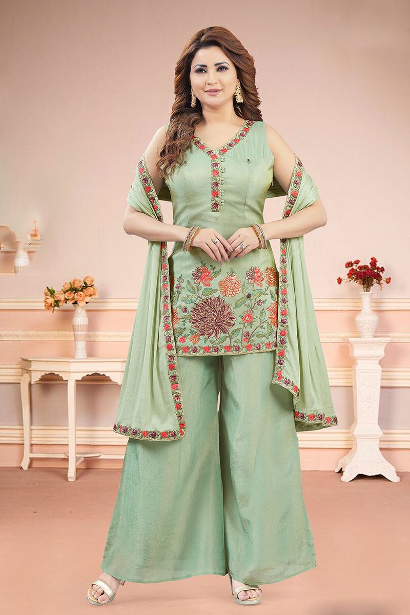 Splendid Pista Green Designer Palazzo Suit for Engagement, Sangeet, Party, and Festivals
