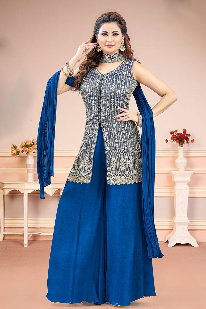 Outstanding Navy Blue Designer Palazzo Suit for Engagement, Sangeet, Wedding, Reception, Party, and Festivals