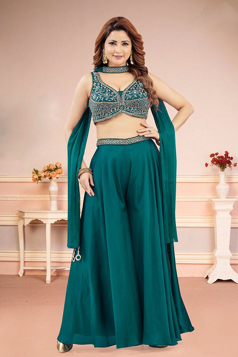 Dazzling Teal Designer Palazzo Suit for Engagement, Sangeet, Wedding, Reception, Party, and Festivals