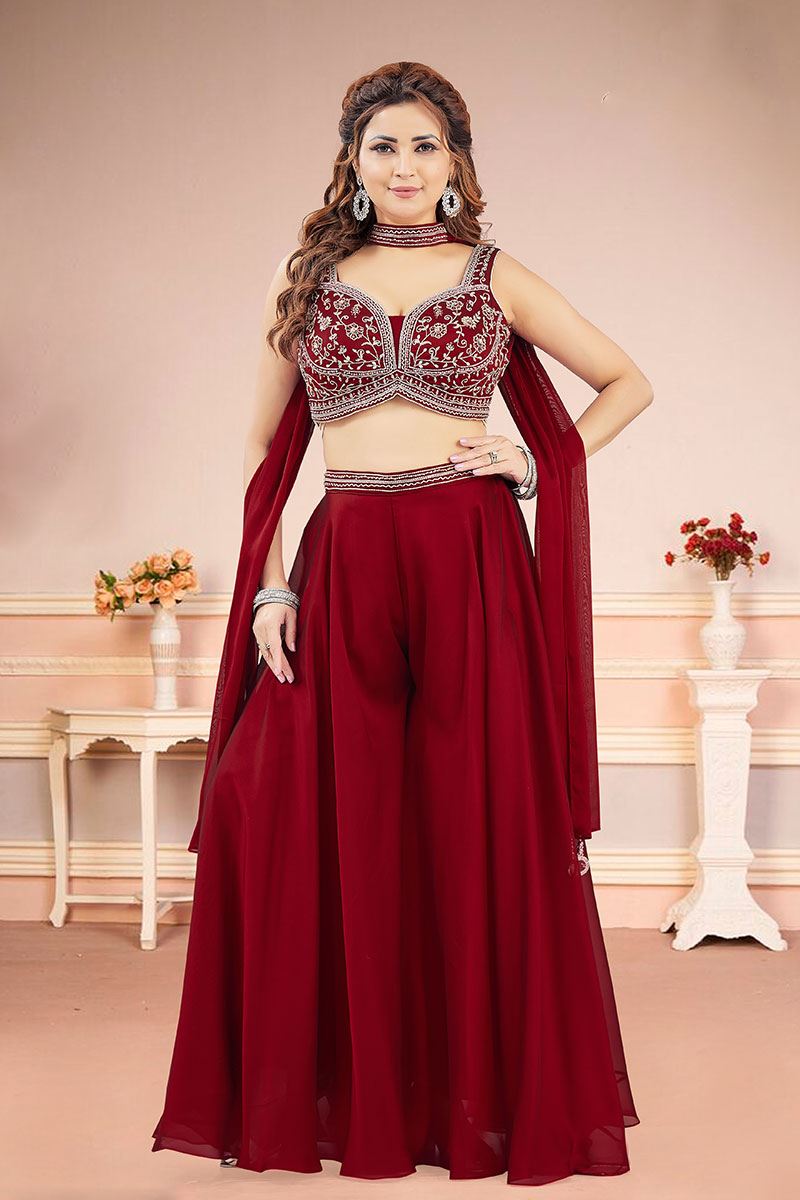 Striking Maroon Designer Palazzo Suit for Wedding, Reception, Party and Festivals