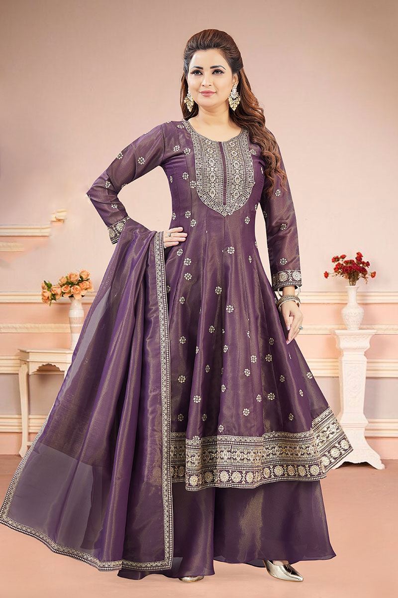 Flawless Wine Dola Silk Designer Anarkali Suit for Engagement, Sangeet, Wedding, Reception, Party and Festivals