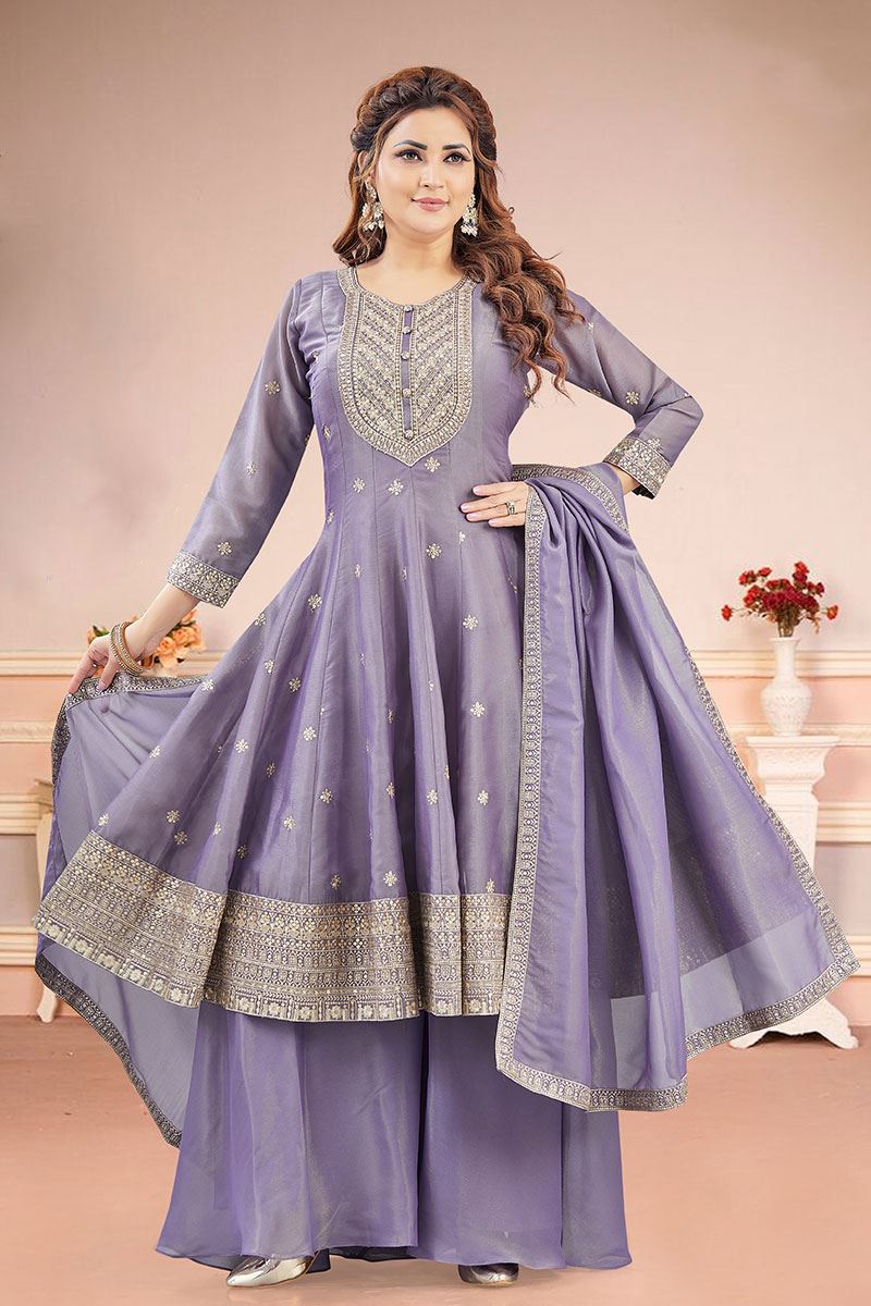 Flamboyant Lavender Dola Silk Designer Anarkali Suit for Engagement, Sangeet, Reception, Party and Festivals