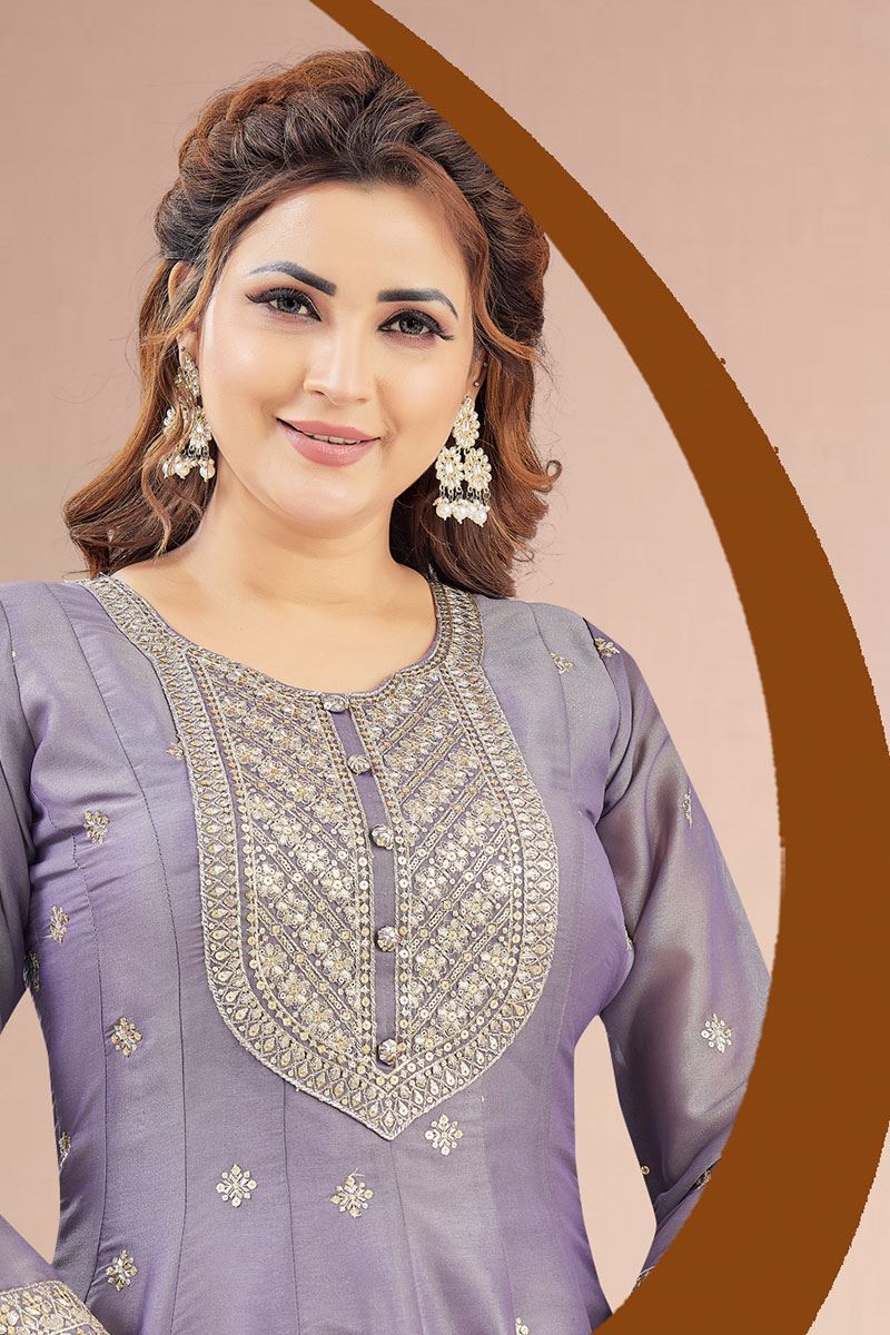 Flamboyant Lavender Dola Silk Designer Anarkali Suit for Engagement, Sangeet, Reception, Party and Festivals