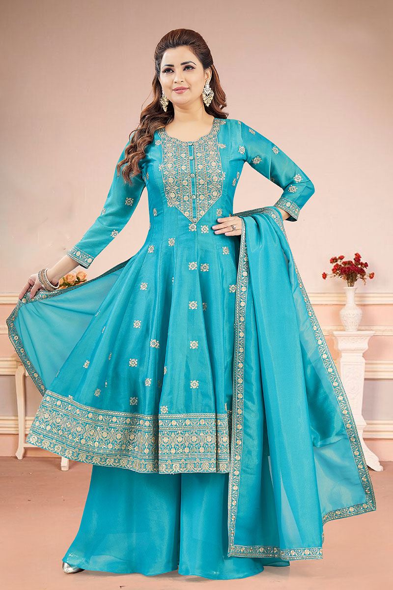 Amazing Sky Blue Dola Silk Designer Anarkali Suit for Engagement, Sangeet, Reception, Party and Festivals