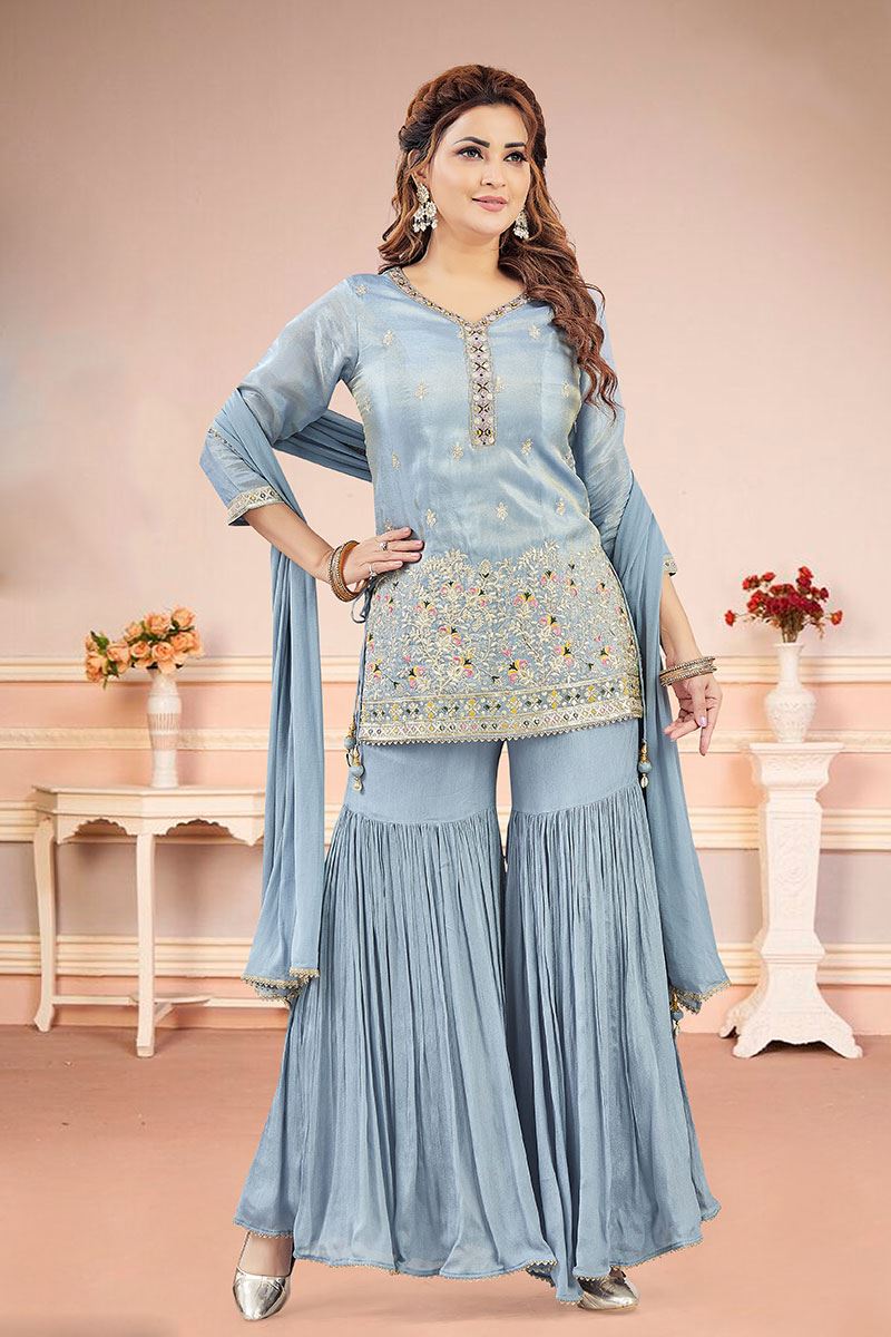 Aesthetic Light Blue Designer Gharara Suit for Engagement, Reception, Sangeet, Party, and Festivals