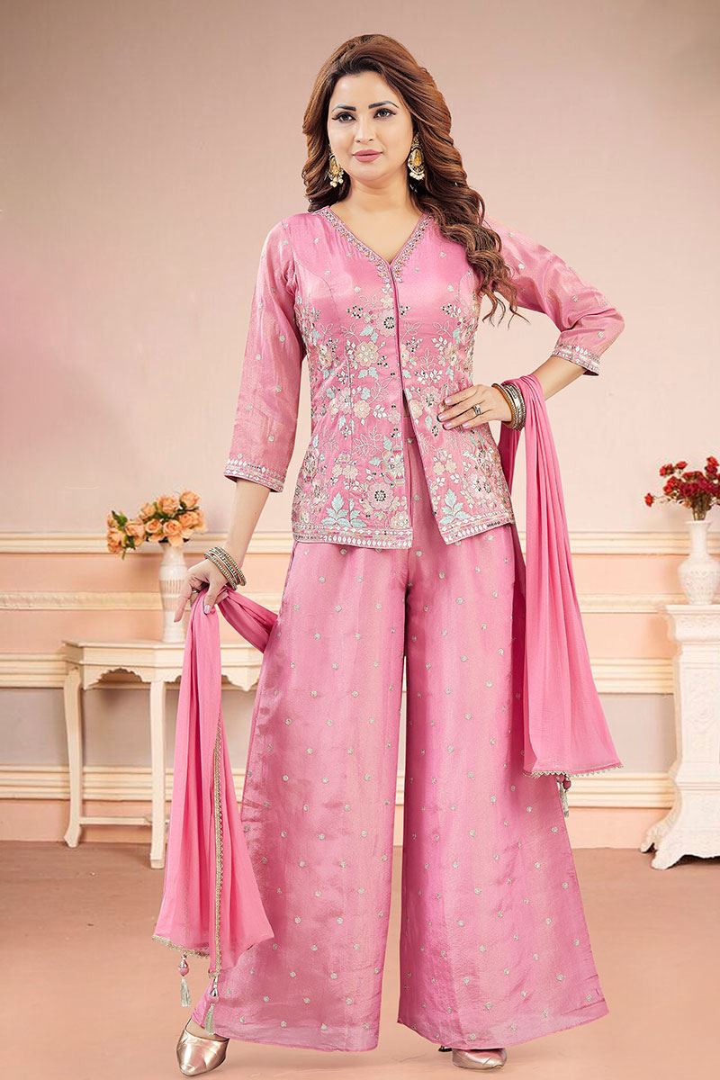 Enticing Pink Designer Palazzo Suit for Engagement, Sangeet, Party, and Festivals
