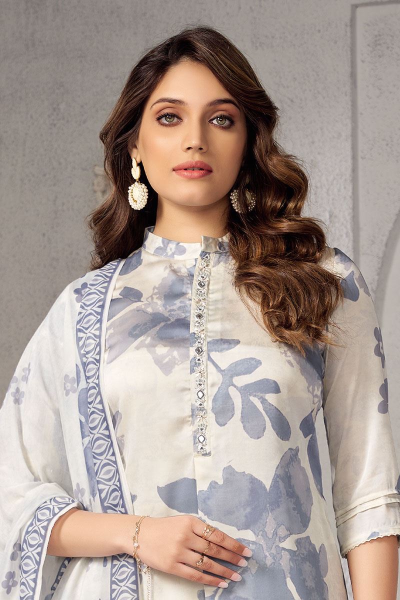Alluring Cream and Blue Designer Straight Cut Suit for Party and Festivals