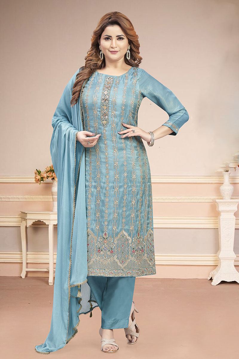Lovely Sky Blue Designer Straight Cut Suit for Sangeet, Party, and Festivals