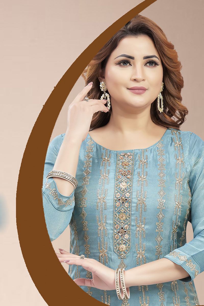 Lovely Sky Blue Designer Straight Cut Suit for Sangeet, Party, and Festivals