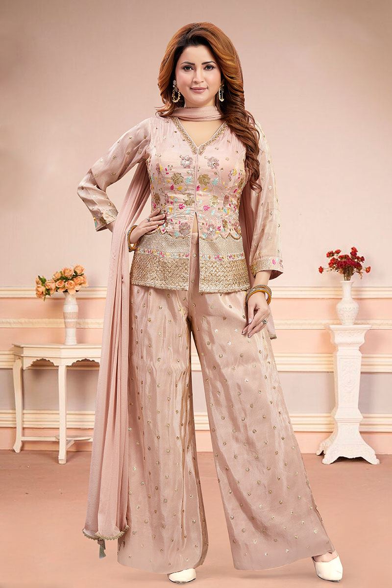 Beautiful Peach Designer Palazzo Suit for Engagement, Reception, Sangeet, Party, and Festivals
