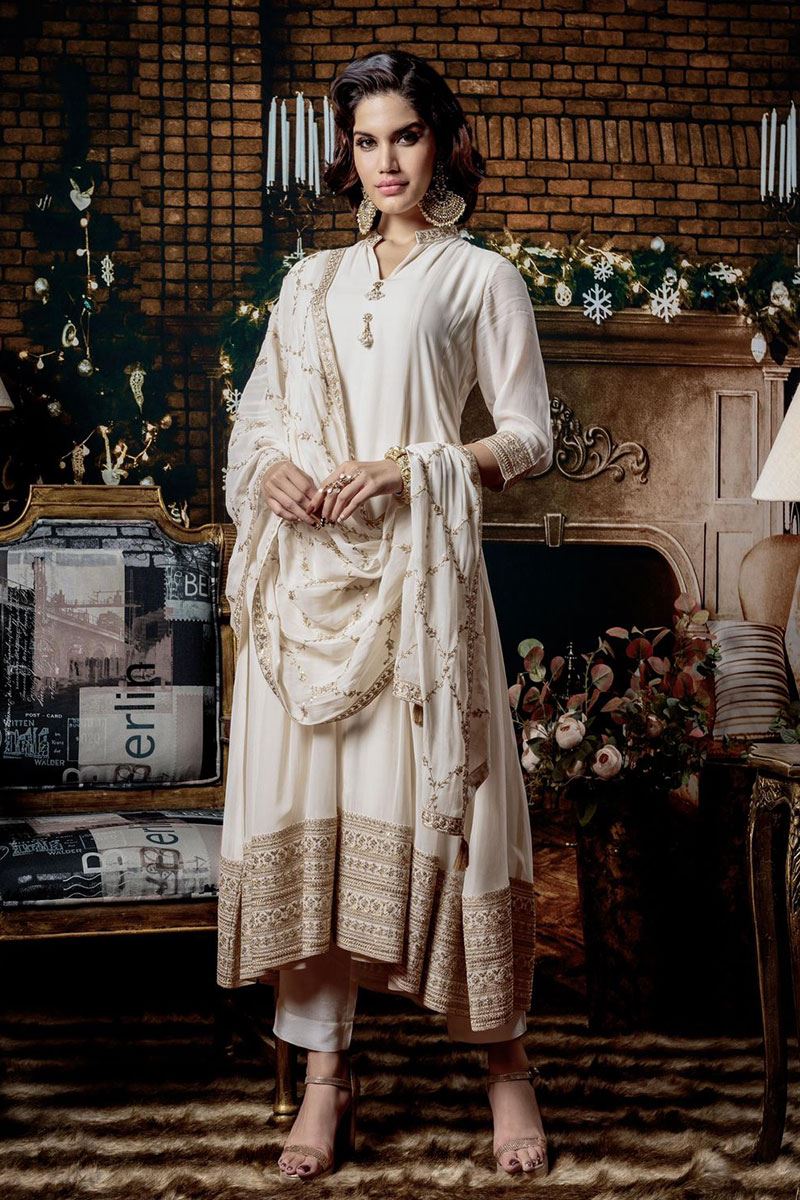 Trendy Ivory Dola Silk Designer Anarkali Suit for Party and Festivals