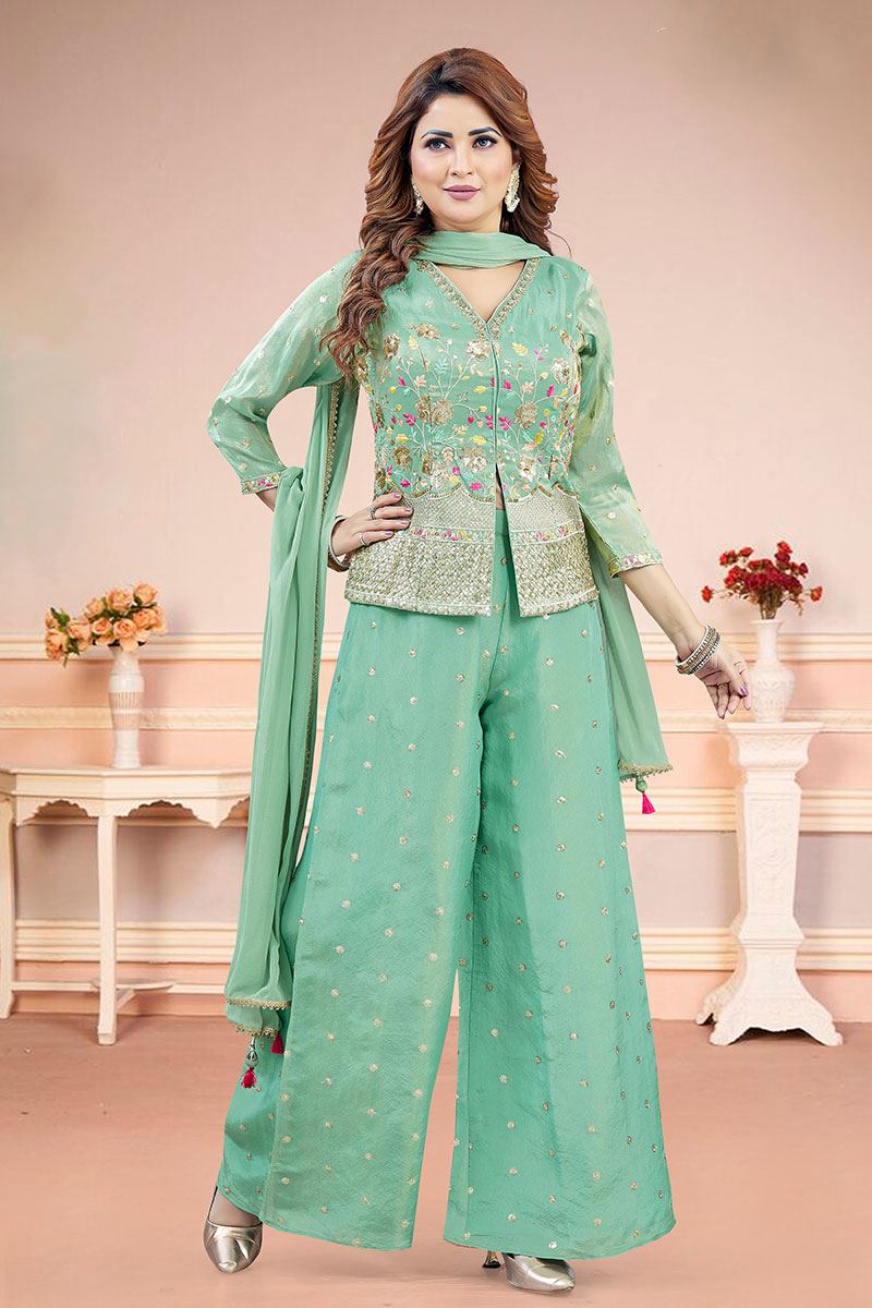 Exquisite Pista Green Designer Palazzo Suit for Engagement, Reception, Sangeet, Party, and Festivals