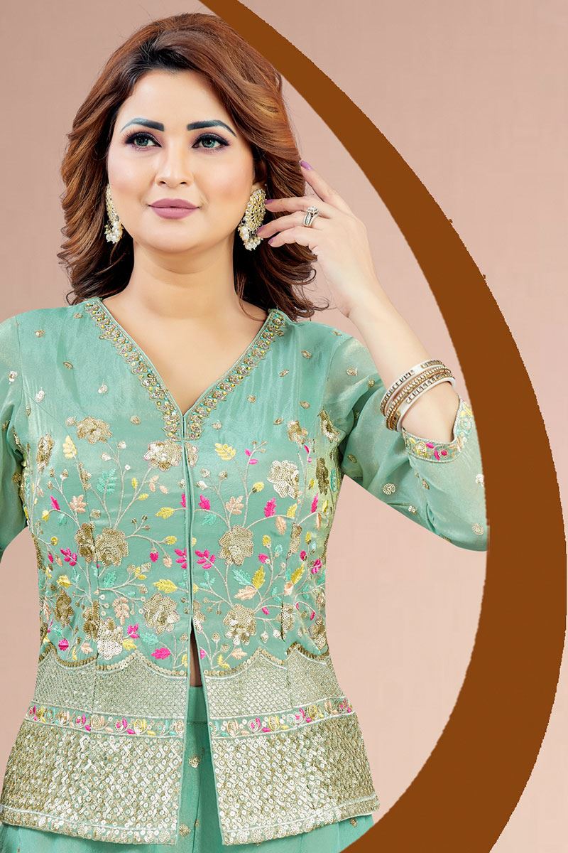 Exquisite Pista Green Designer Palazzo Suit for Engagement, Reception, Sangeet, Party, and Festivals