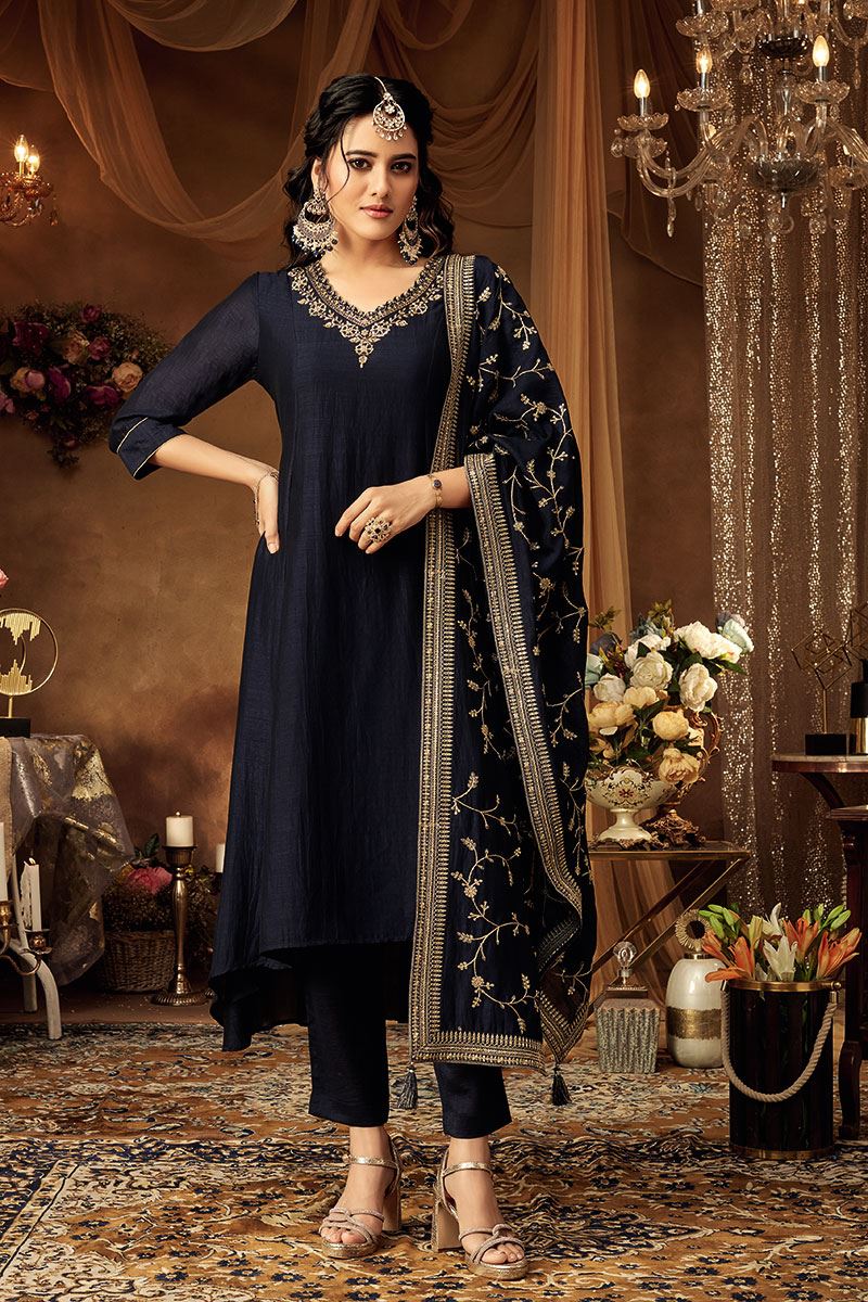 Divine Navy Blue Dola Silk Designer Anarkali Suit for Engagement, Sangeet, Reception, Party, and Festivals