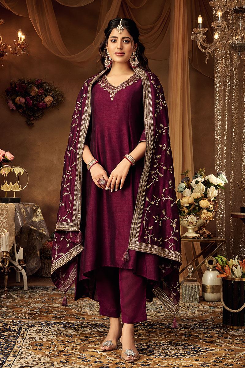 Gorgeous Purple Dola Silk Designer Anarkali Suit for Wedding, Sangeet, Reception, Party, and Festivals