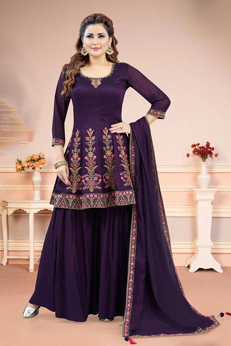Charismatic Violet Designer Gharara Suit for Wedding, Reception, Party, and Festivals