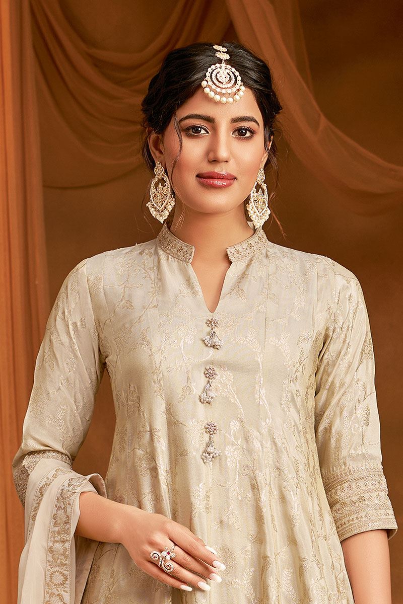 Astounding Beige Designer Straight Cut Suit for Party, Festivals, Engagement, and Sangeet