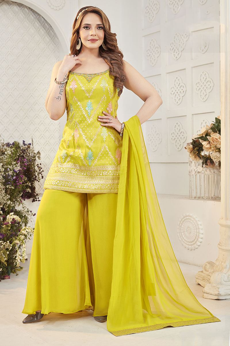 Creative Yellow Designer Palazzo Suit for Haldi, Party, and Festivals