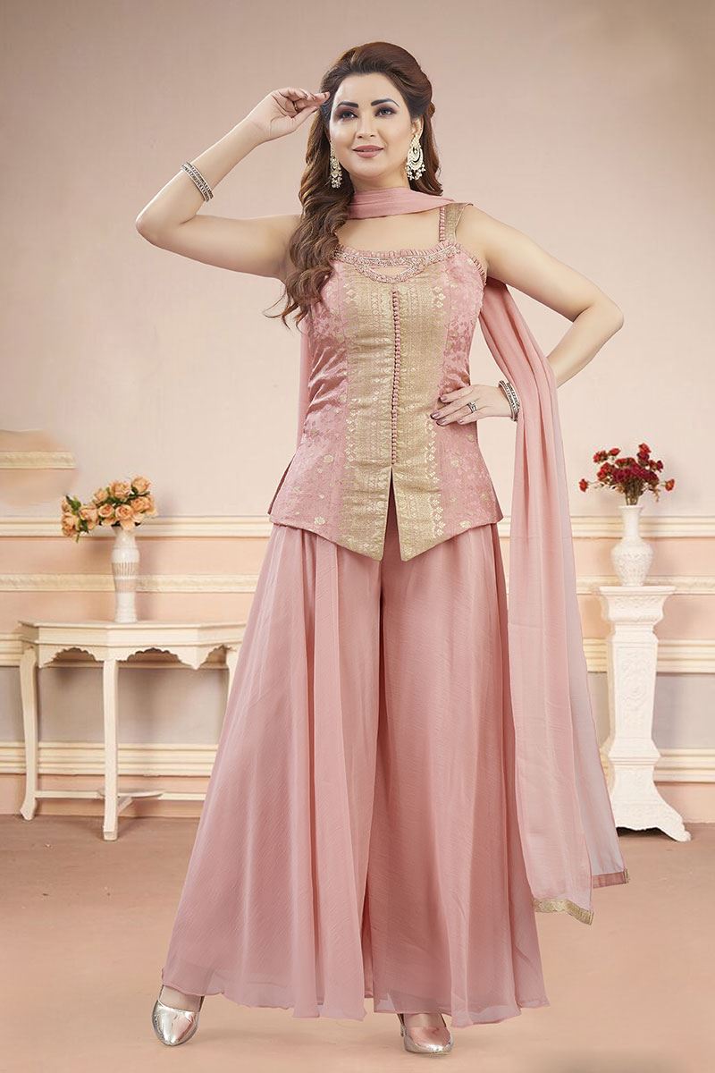 Dazzling Peach Designer Palazzo Suit for Engagement, Reception, Sangeet, Party, and Festivals
