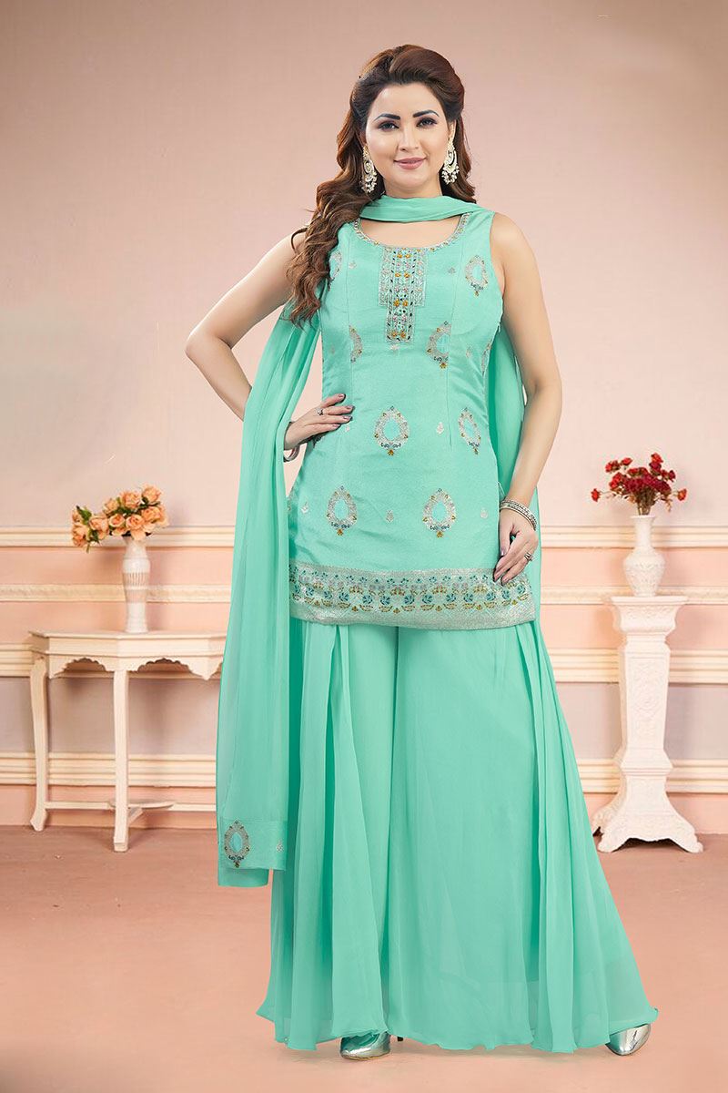 Mesmerizing Sea Green Designer Palazzo Suit for Engagement, Sangeet, Party, and Festivals