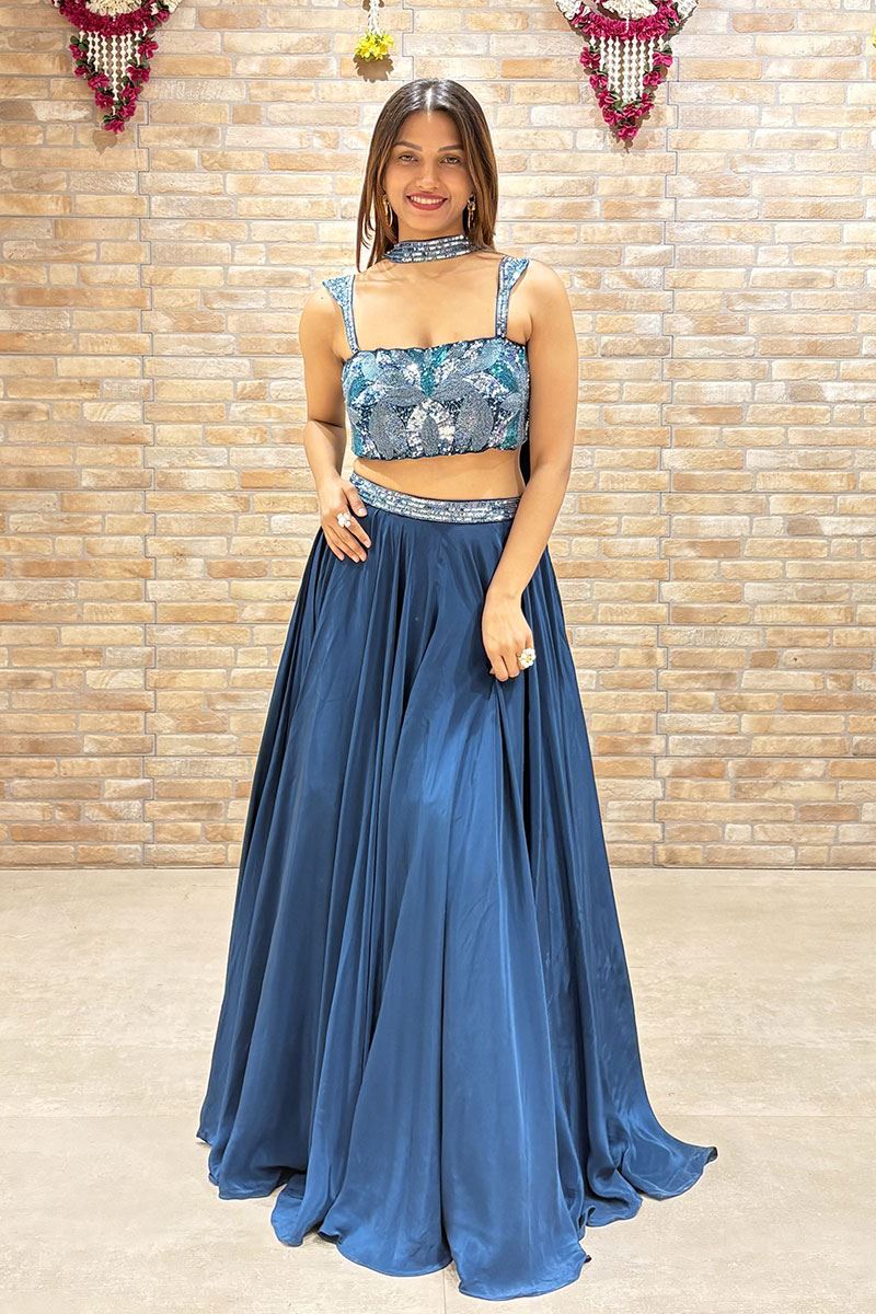 Charismatic Blue Designer Indo-Western Lehenga Choli for Engagement, Reception, Sangeet, and Party