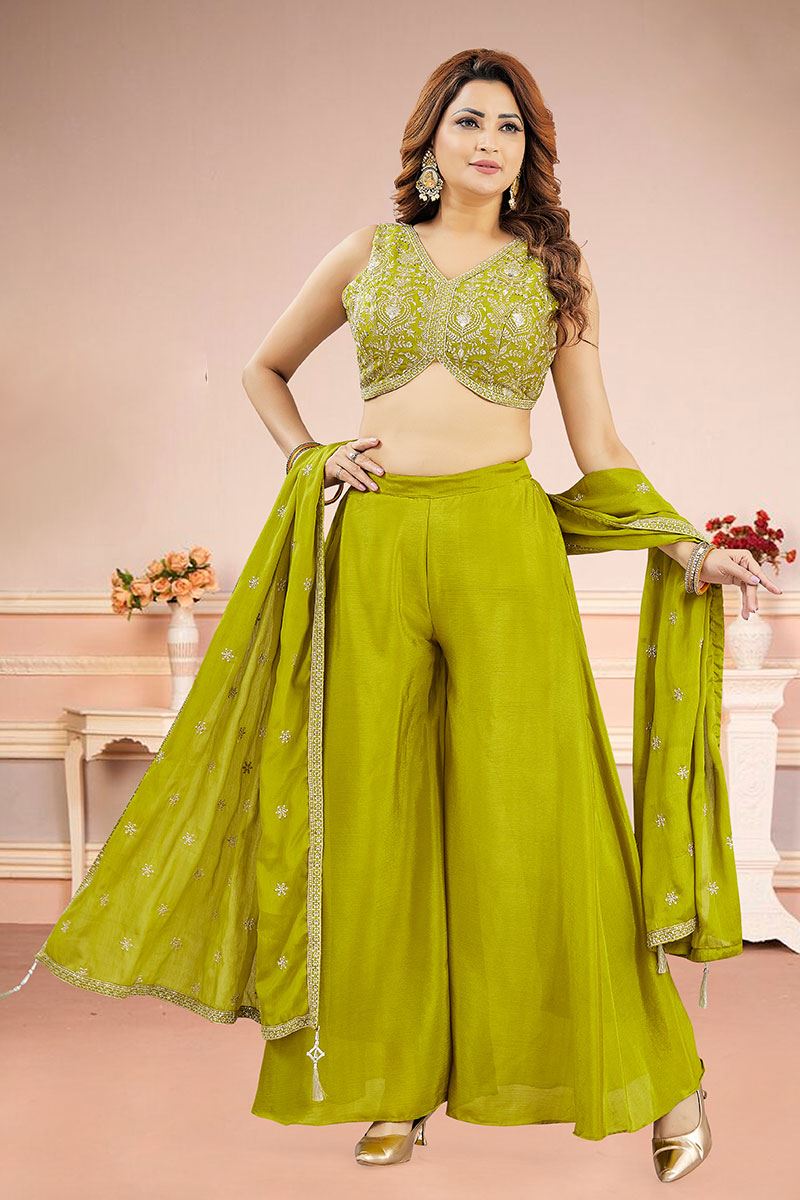 Artistic Mehendi Green Designer Palazzo Suit for Mehendi, Reception, Sangeet, and Party