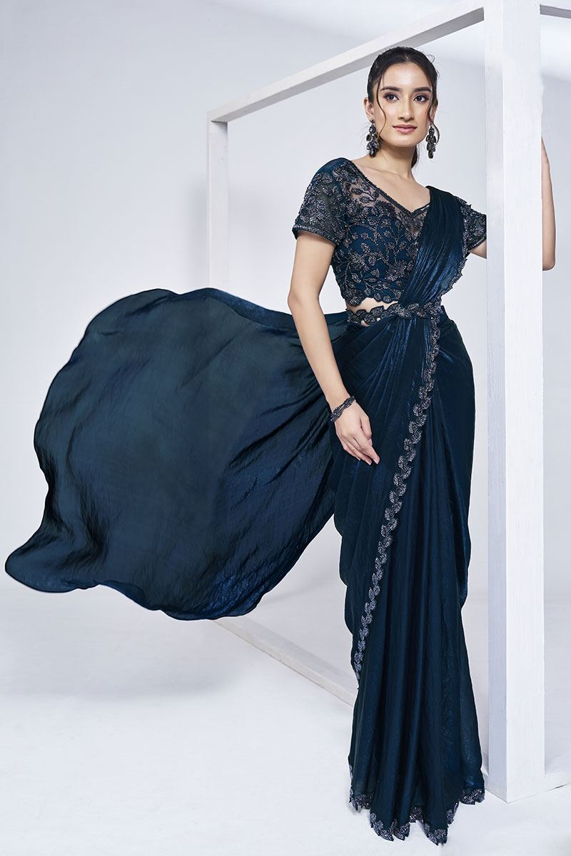 Outstanding Two Tone Satin Silk Designer Saree for Party