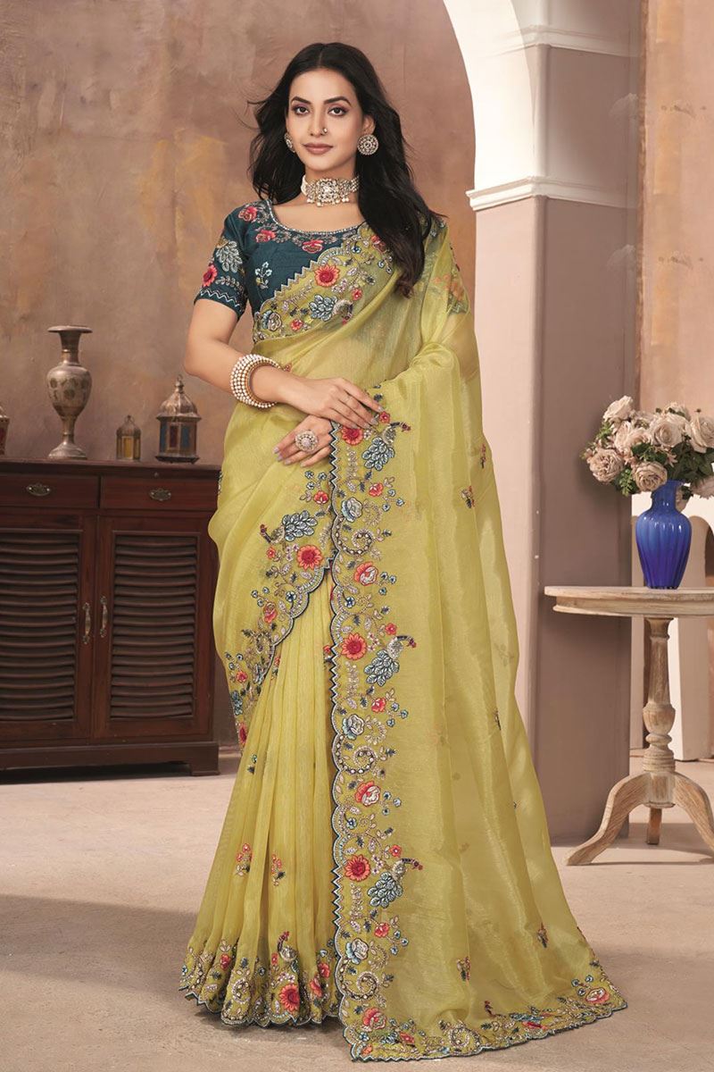 Artistic Organza Designer Saree for Haldi, Engagement, Party, and Reception