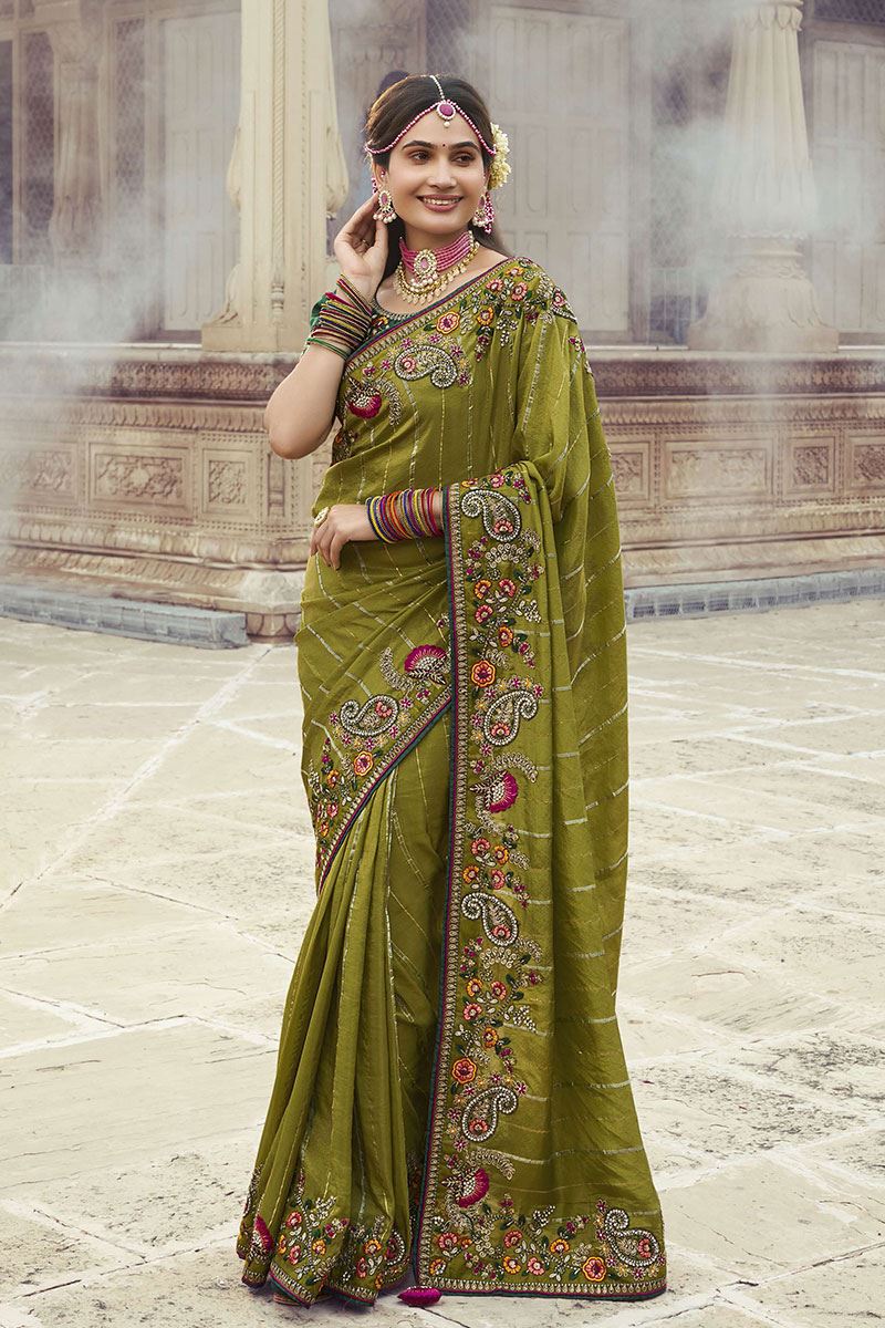 Charismatic Silk Designer Saree for Mehendi, Wedding, Sangeet, and Reception