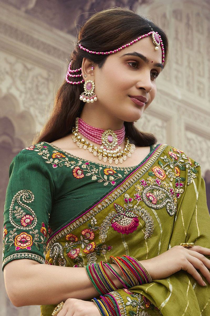 Charismatic Silk Designer Saree for Mehendi, Wedding, Sangeet, and Reception