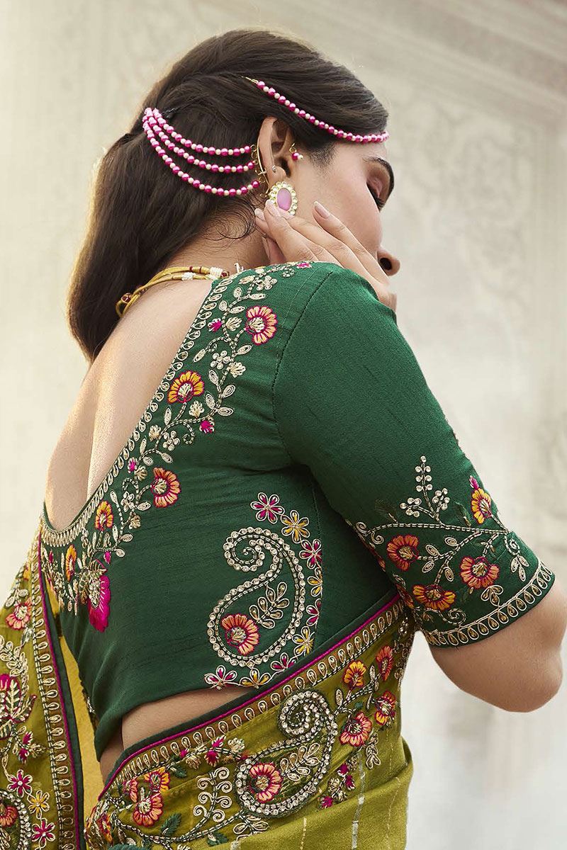Charismatic Silk Designer Saree for Mehendi, Wedding, Sangeet, and Reception