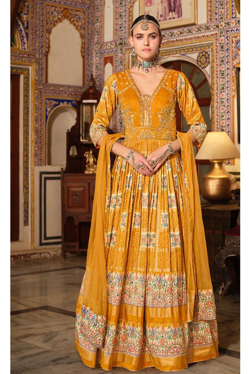 Flawless Yellow Smooth Silk Designer Anarkali Suit for Party, Haldi, and Festivals