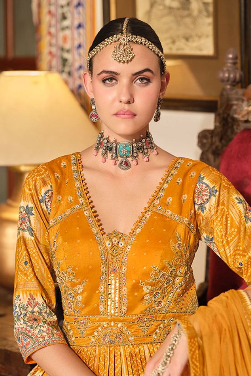 Flawless Yellow Smooth Silk Designer Anarkali Suit for Party, Haldi, and Festivals