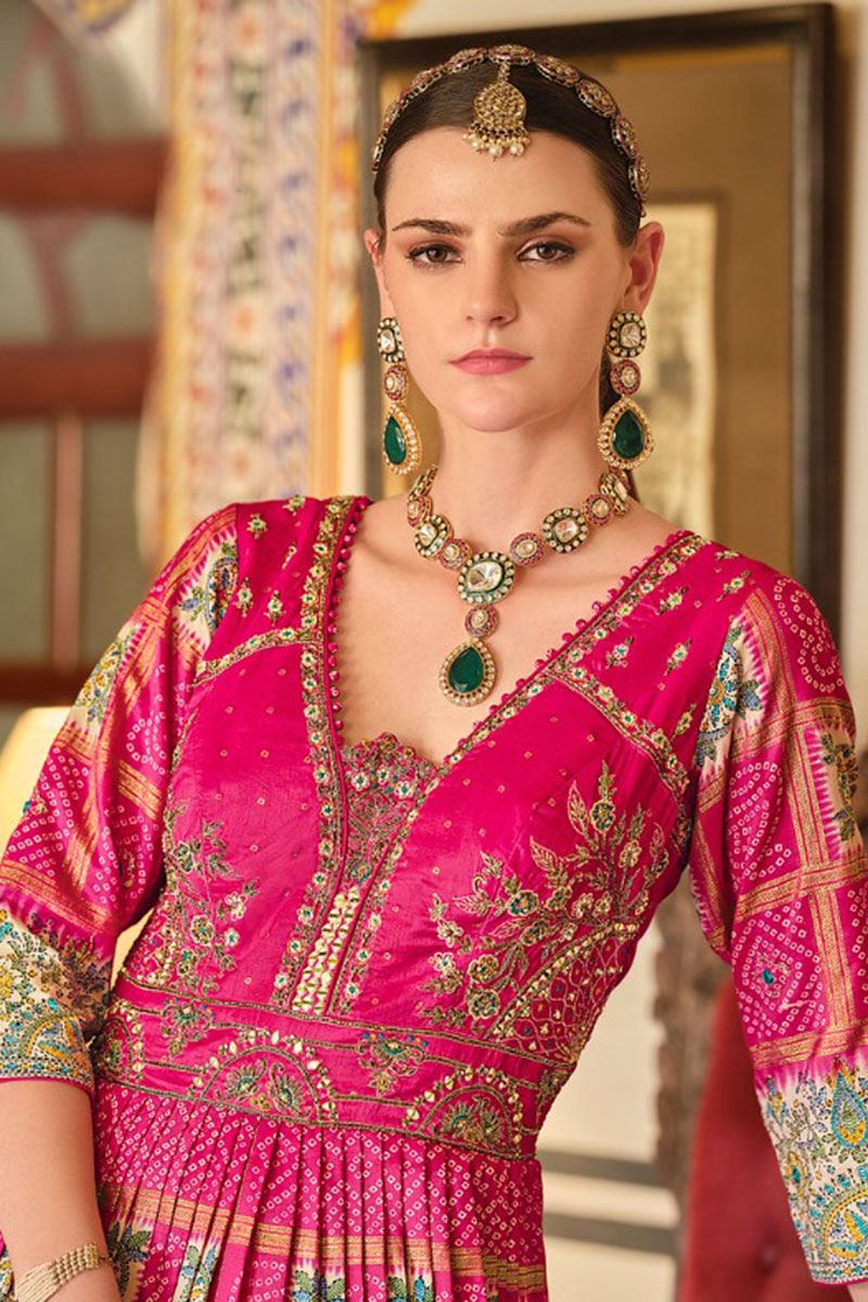 Spectacular Rani Pink Smooth Silk Designer Anarkali Suit for Party, Sangeet, and Festivals