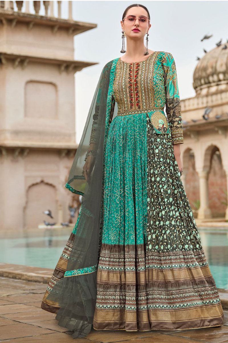 Creative Sea Green Smooth Silk Designer Anarkali Suit for Party, Sangeet, and Festivals