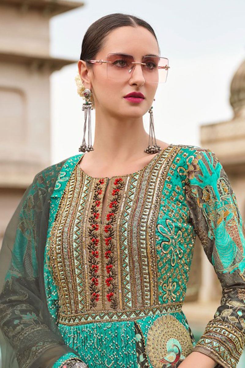 Creative Sea Green Smooth Silk Designer Anarkali Suit for Party, Sangeet, and Festivals