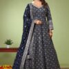 Enticing Navy Blue Dola Silk Designer Anarkali Suit for Wedding, Engagement, Reception, Party, and Sangeet