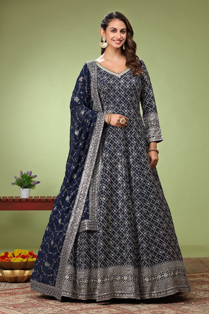 Enticing Navy Blue Dola Silk Designer Anarkali Suit for Wedding, Engagement, Reception, Party, and Sangeet
