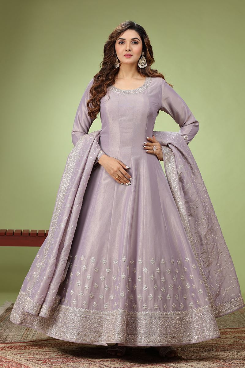 Lovely Lavender Dola Silk Designer Anarkali Suit for Engagement, Party and Sangeet