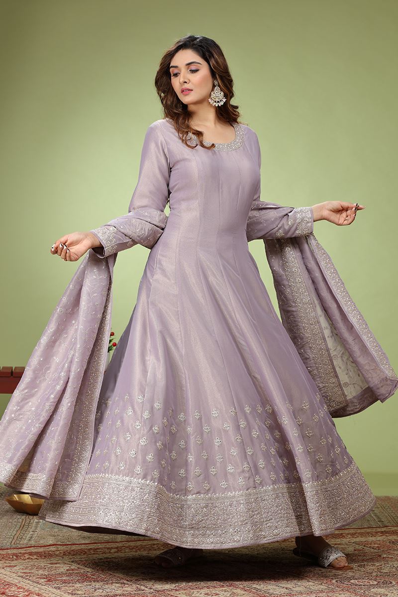 Lovely Lavender Dola Silk Designer Anarkali Suit for Engagement, Party and Sangeet