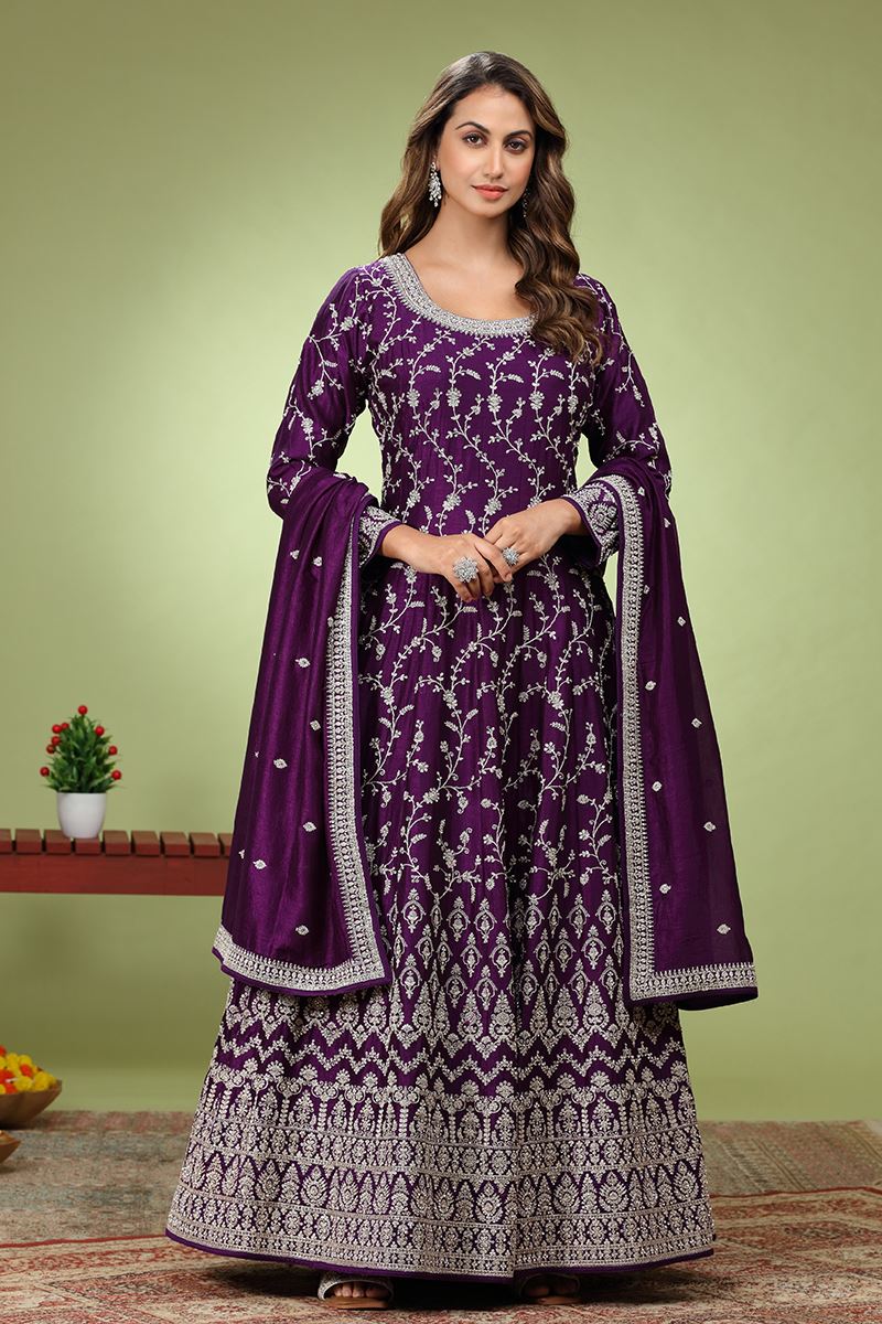 Heavenly Purple Dola Silk Designer Anarkali Suit for Wedding and Reception