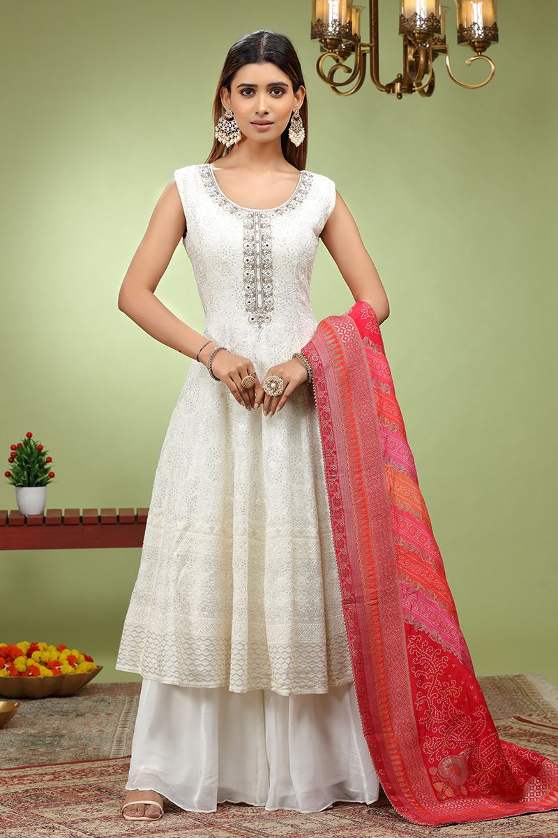 Gorgeous Off-White Dola Silk Designer Anarkali Suit for Party, Festivals, and Sangeet