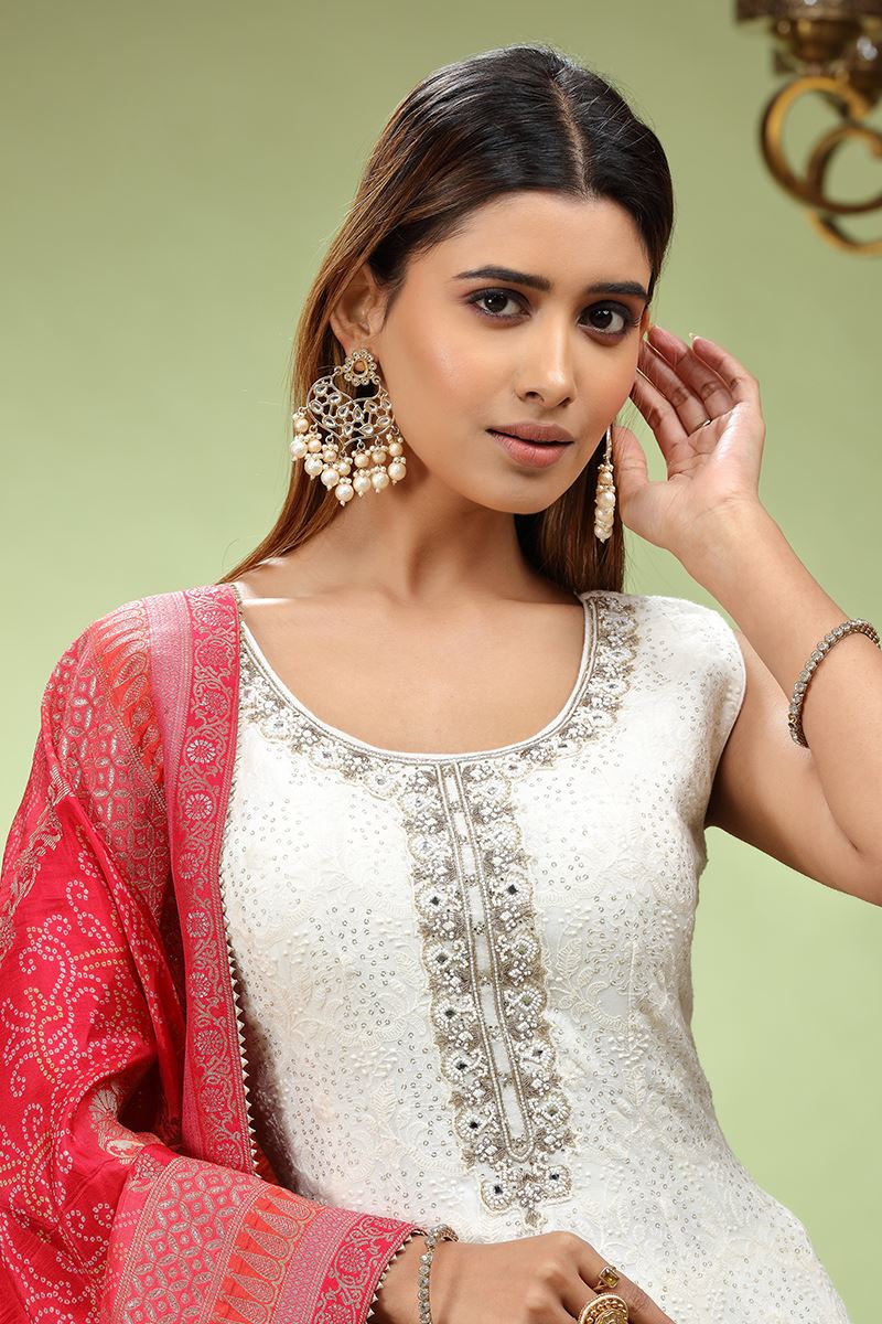 Gorgeous Off-White Dola Silk Designer Anarkali Suit for Party, Festivals, and Sangeet