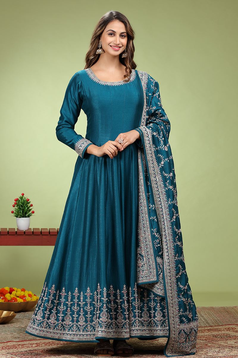 Divine Blue Dola Silk Designer Anarkali Suit for Engagement, Reception, Party and Sangeet